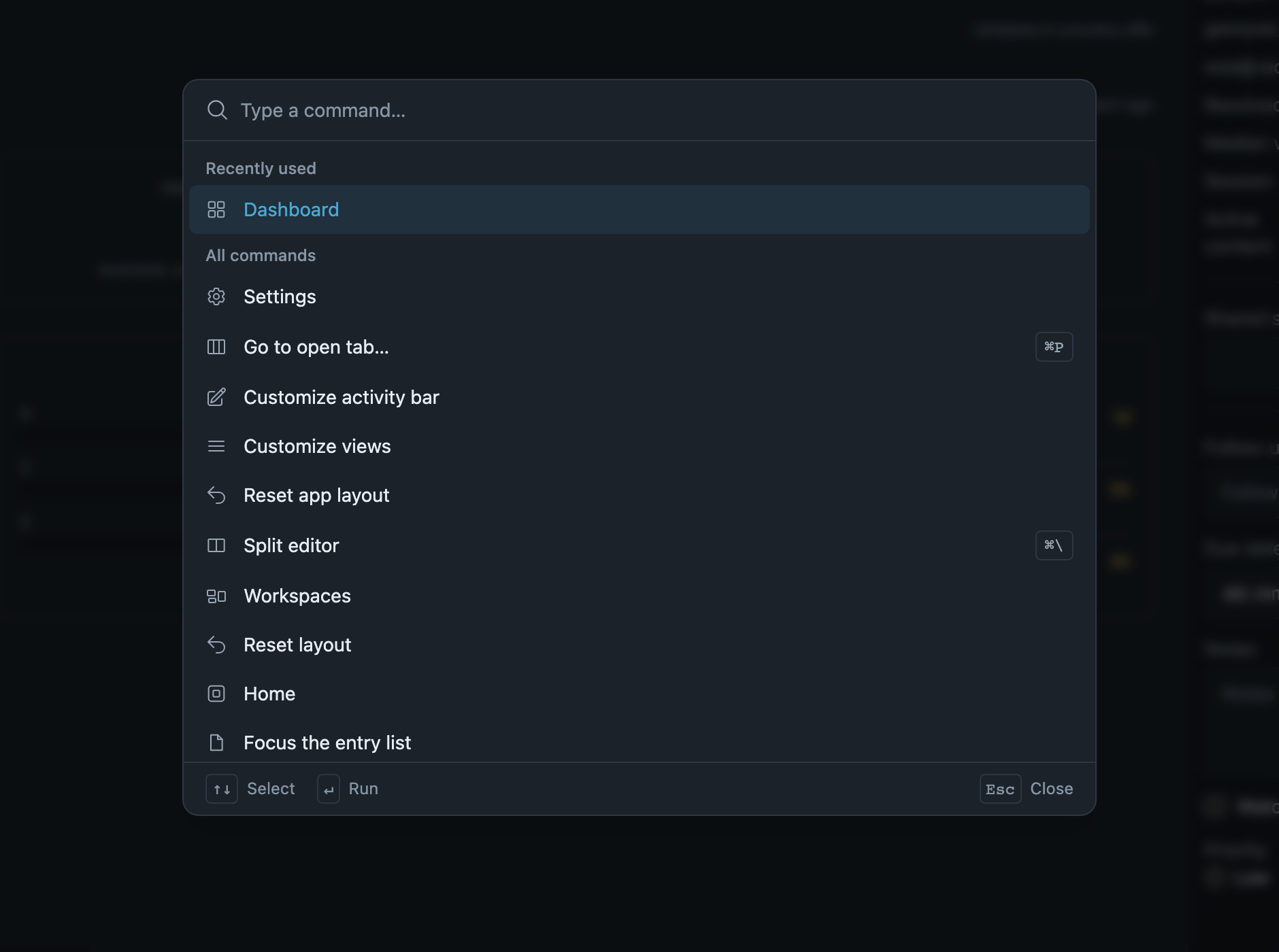 The command palette open over the workbench, listing commands contributed by plugins with their keyboard shortcuts.