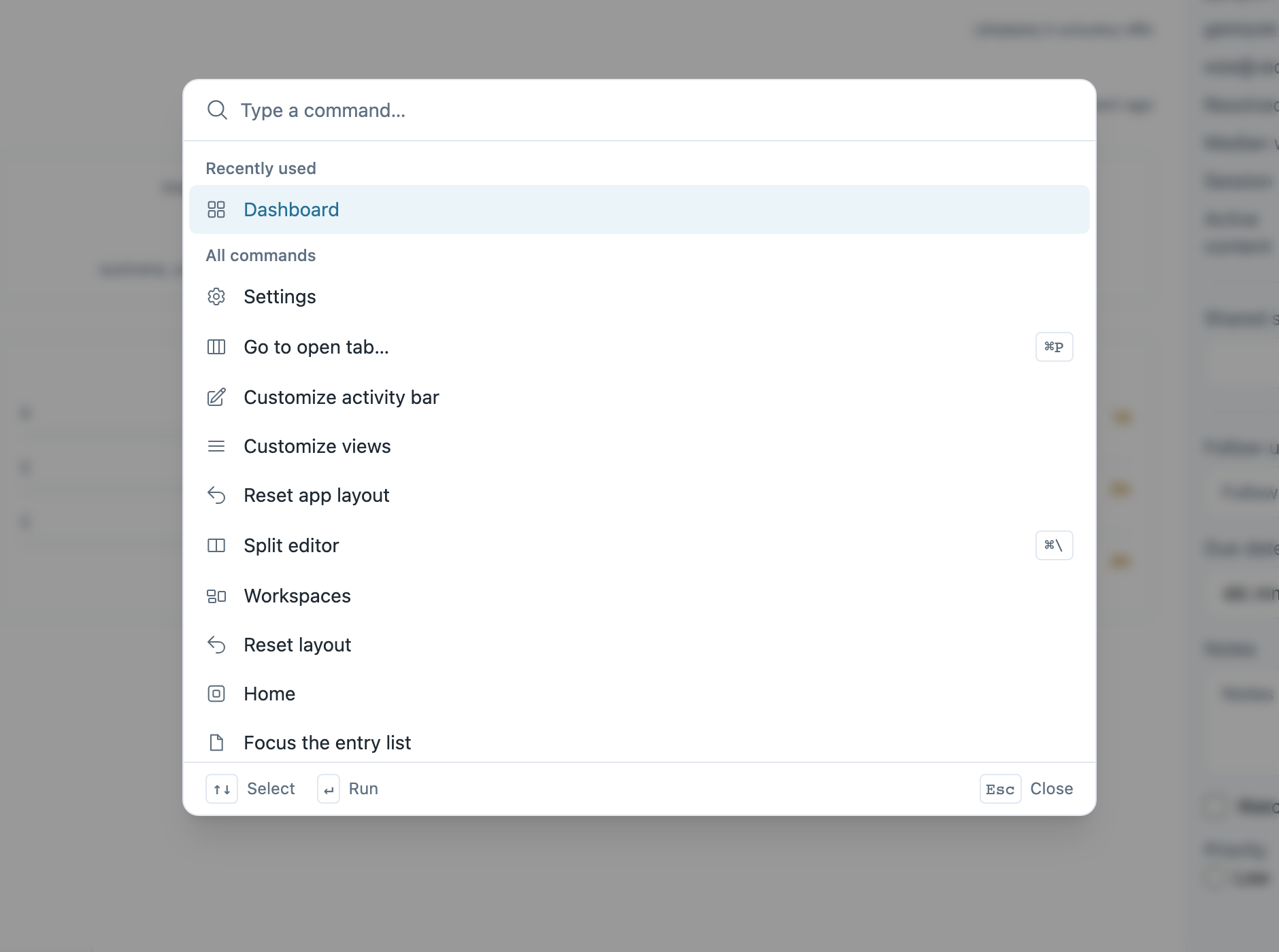 The command palette open over the workbench, listing commands contributed by plugins with their keyboard shortcuts.