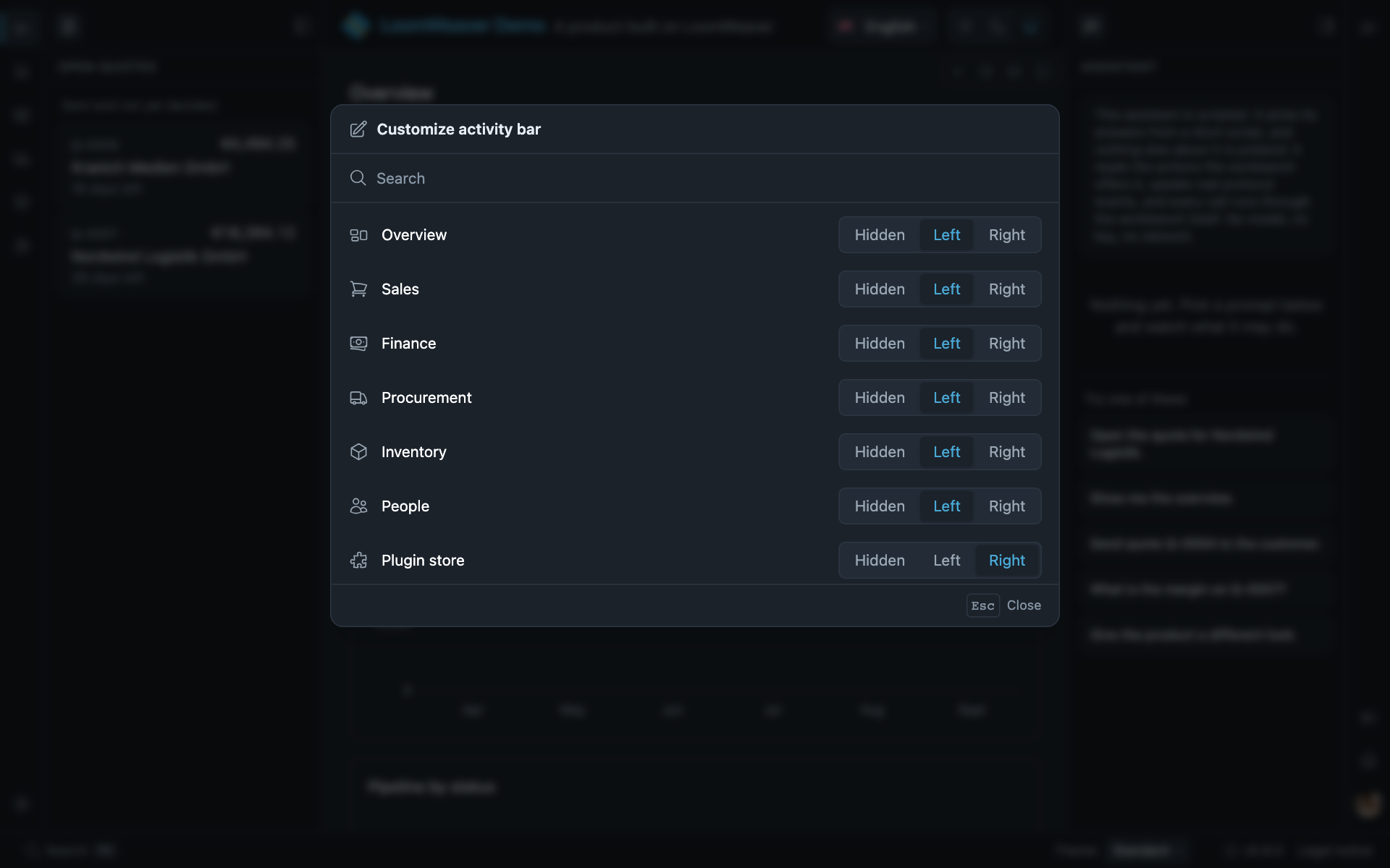 The curation dialog for the rail, listing every entry with a Hidden, Left or Right choice for each, and a search field above.