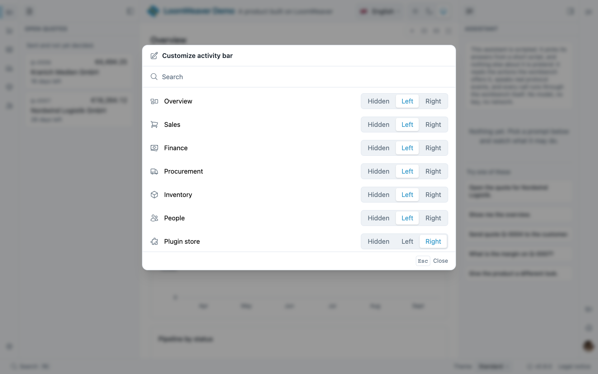 The curation dialog for the rail, listing every entry with a Hidden, Left or Right choice for each, and a search field above.