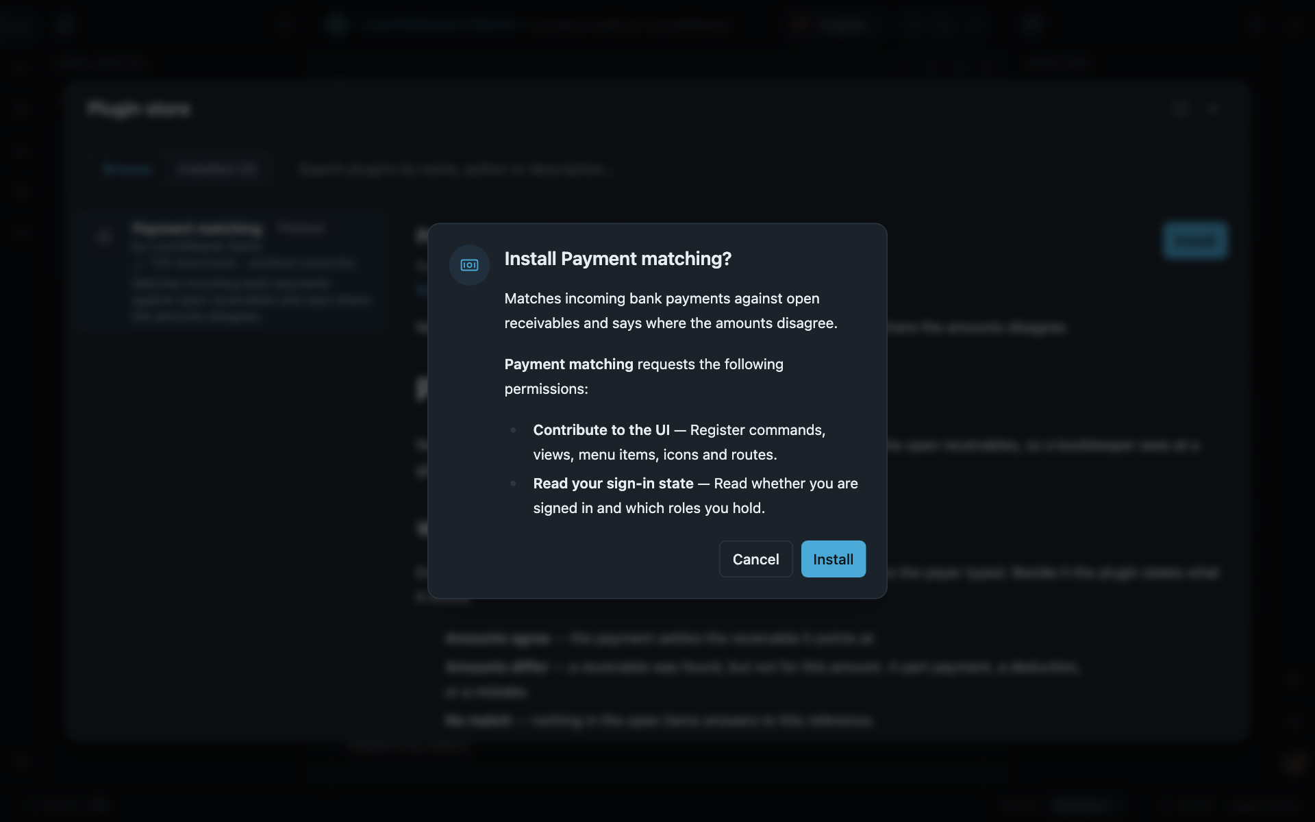 The install prompt for the Payment matching plugin, listing the two permissions it requests, with Cancel and Install buttons.