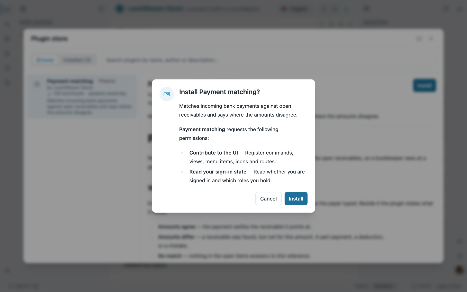 The install prompt for the Payment matching plugin, listing the two permissions it requests, with Cancel and Install buttons.