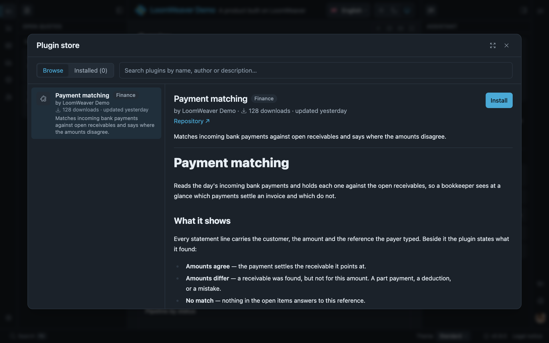 The plugin store dialog with a catalogue card on the left and the Payment matching plugin’s detail on the right, with an Install button.