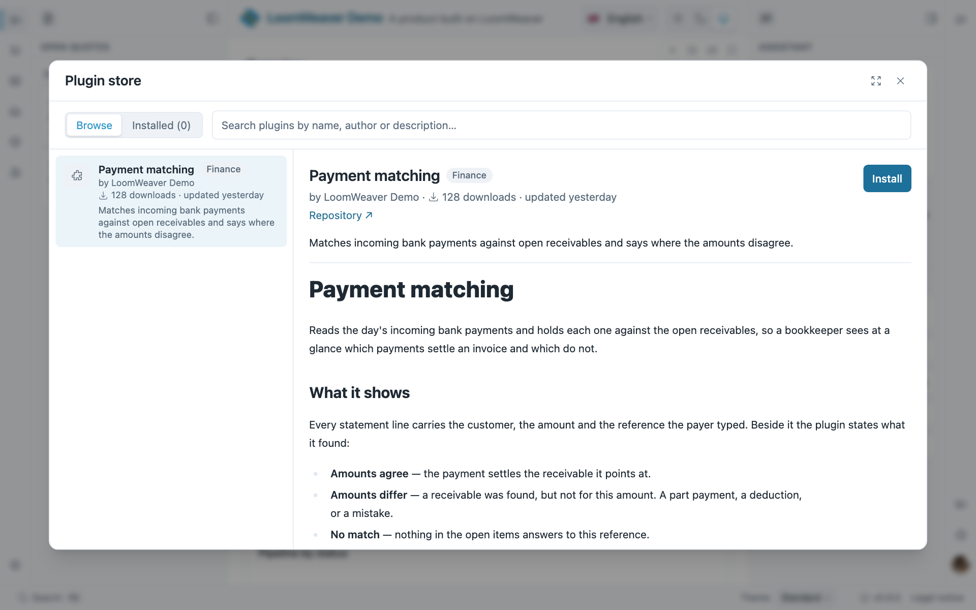 The plugin store dialog with a catalogue card on the left and the Payment matching plugin’s detail on the right, with an Install button.