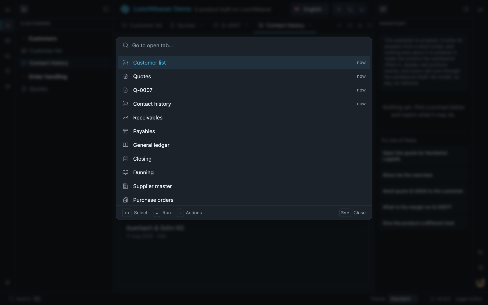 The quick open list over the workbench, four open tabs marked now at the top and the other views the product can open below.