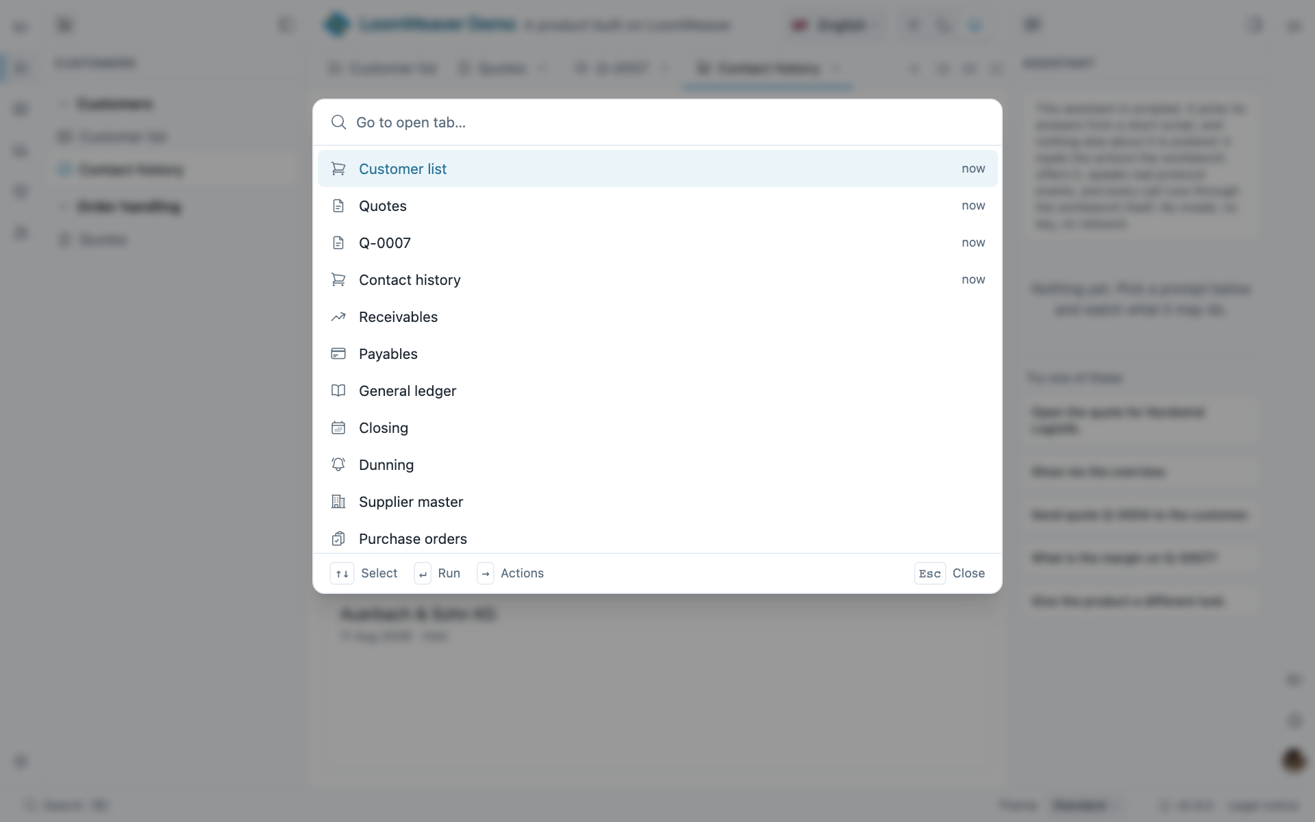 The quick open list over the workbench, four open tabs marked now at the top and the other views the product can open below.
