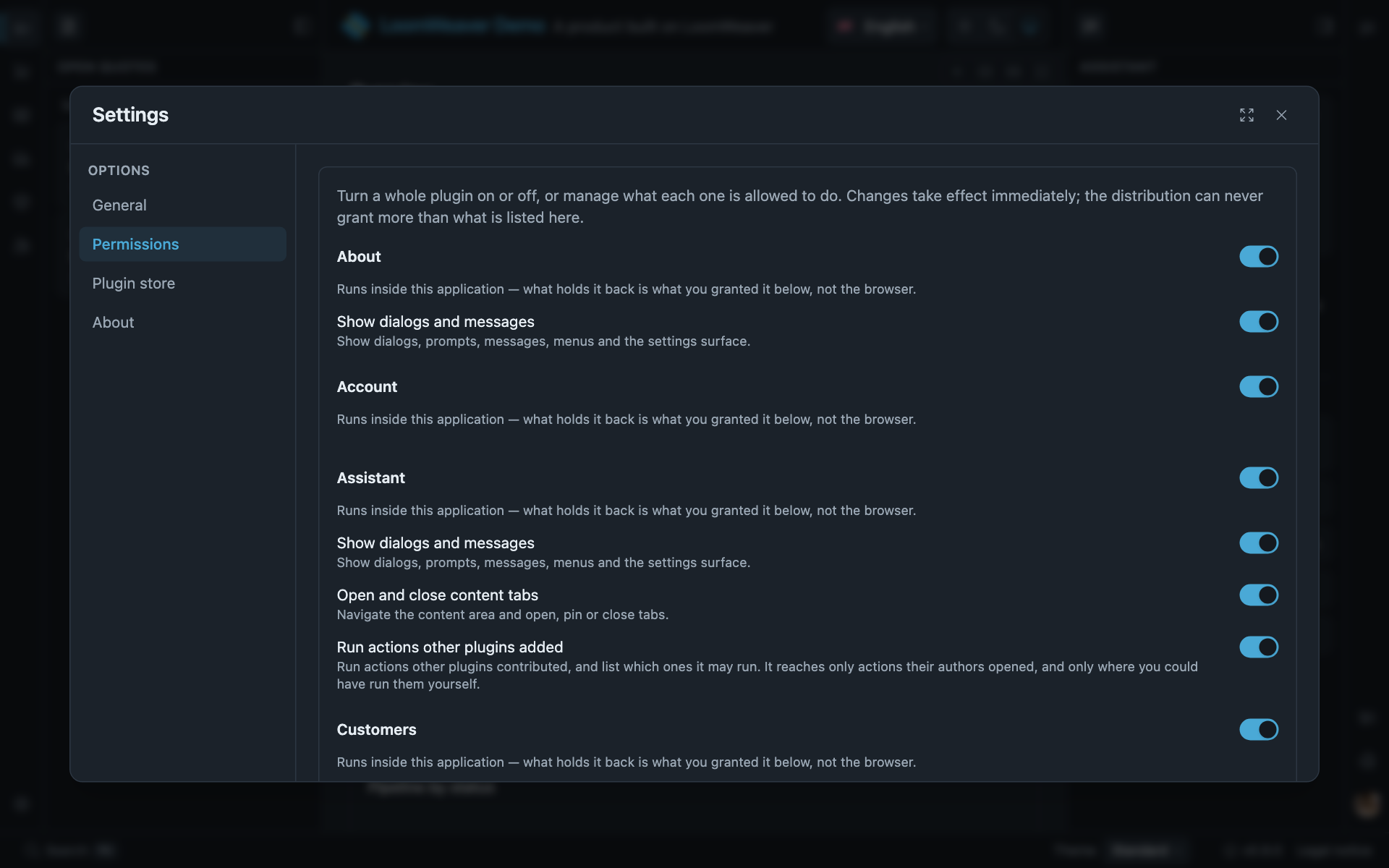 The Settings dialog on its Permissions section, with a switch per plugin and, under each, a switch per capability the plugin holds.
