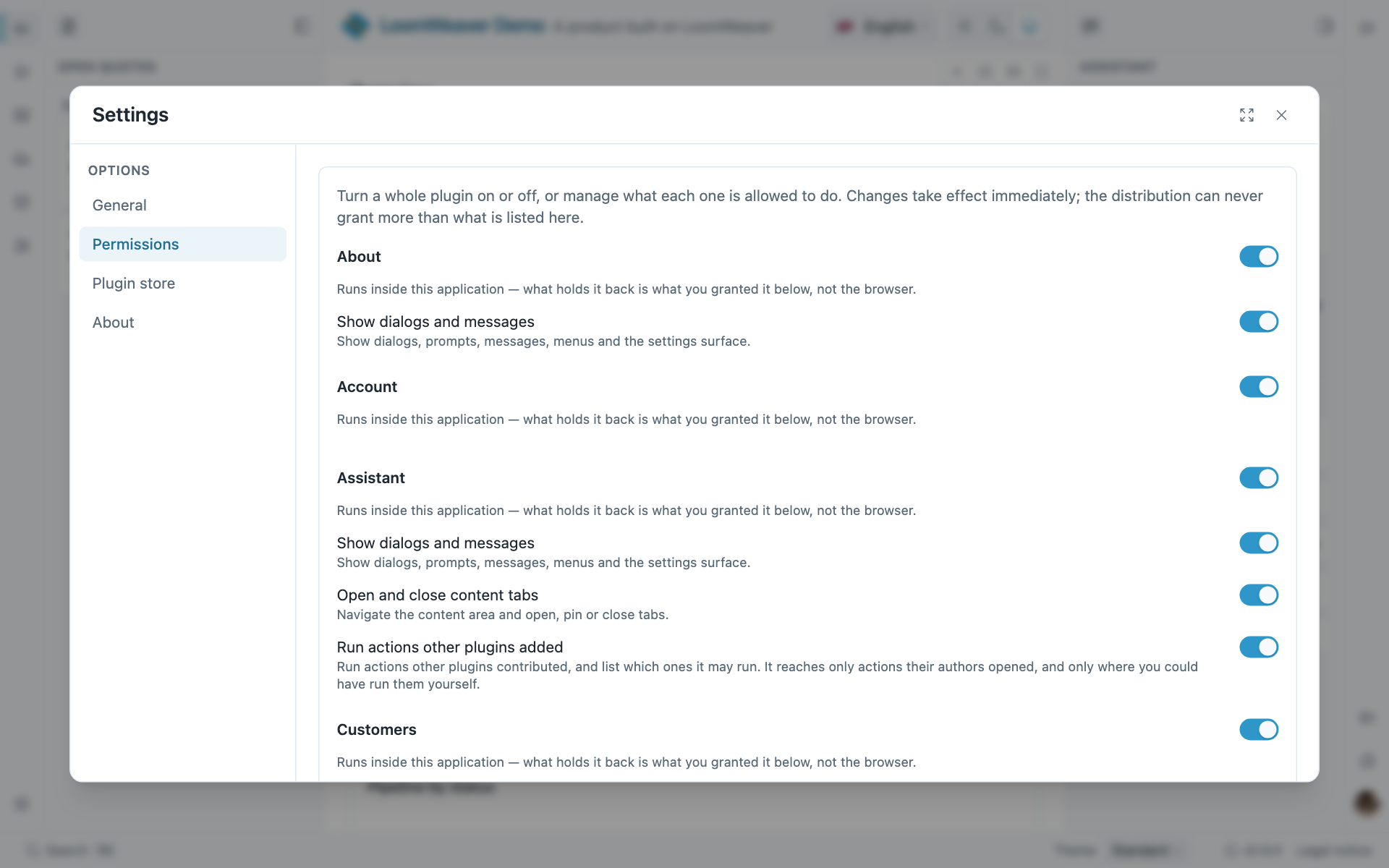 The Settings dialog on its Permissions section, with a switch per plugin and, under each, a switch per capability the plugin holds.