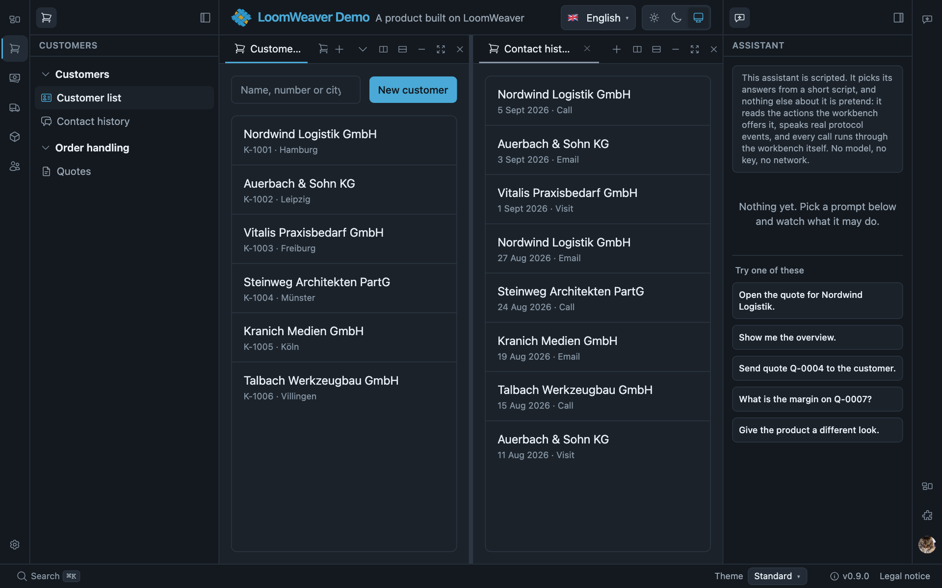 Two panes side by side in the content area, a customer list on the left and a contact history on the right, each with its own tab strip and toolbar.