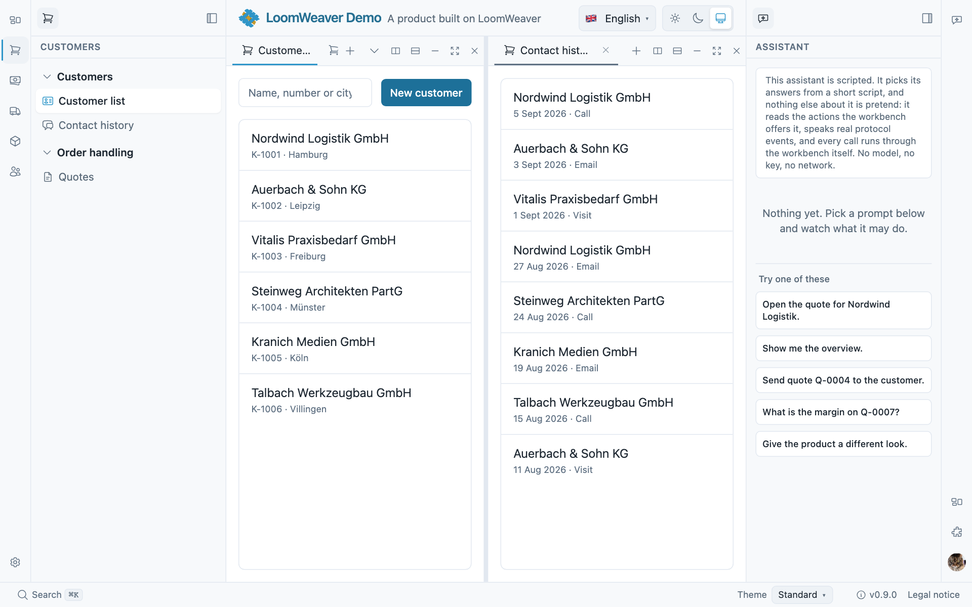 Two panes side by side in the content area, a customer list on the left and a contact history on the right, each with its own tab strip and toolbar.