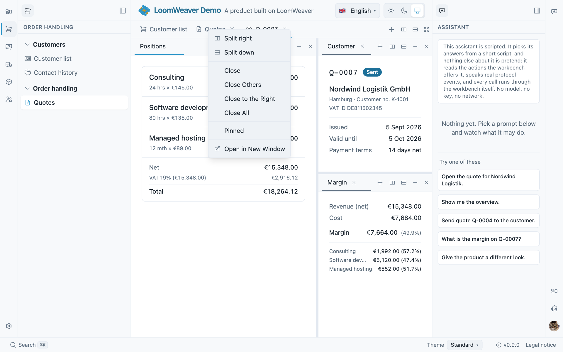 The context menu of a content tab, offering Split right, Split down, Close, Close Others, Close to the Right, Close All, Pinned and Open in New Window.
