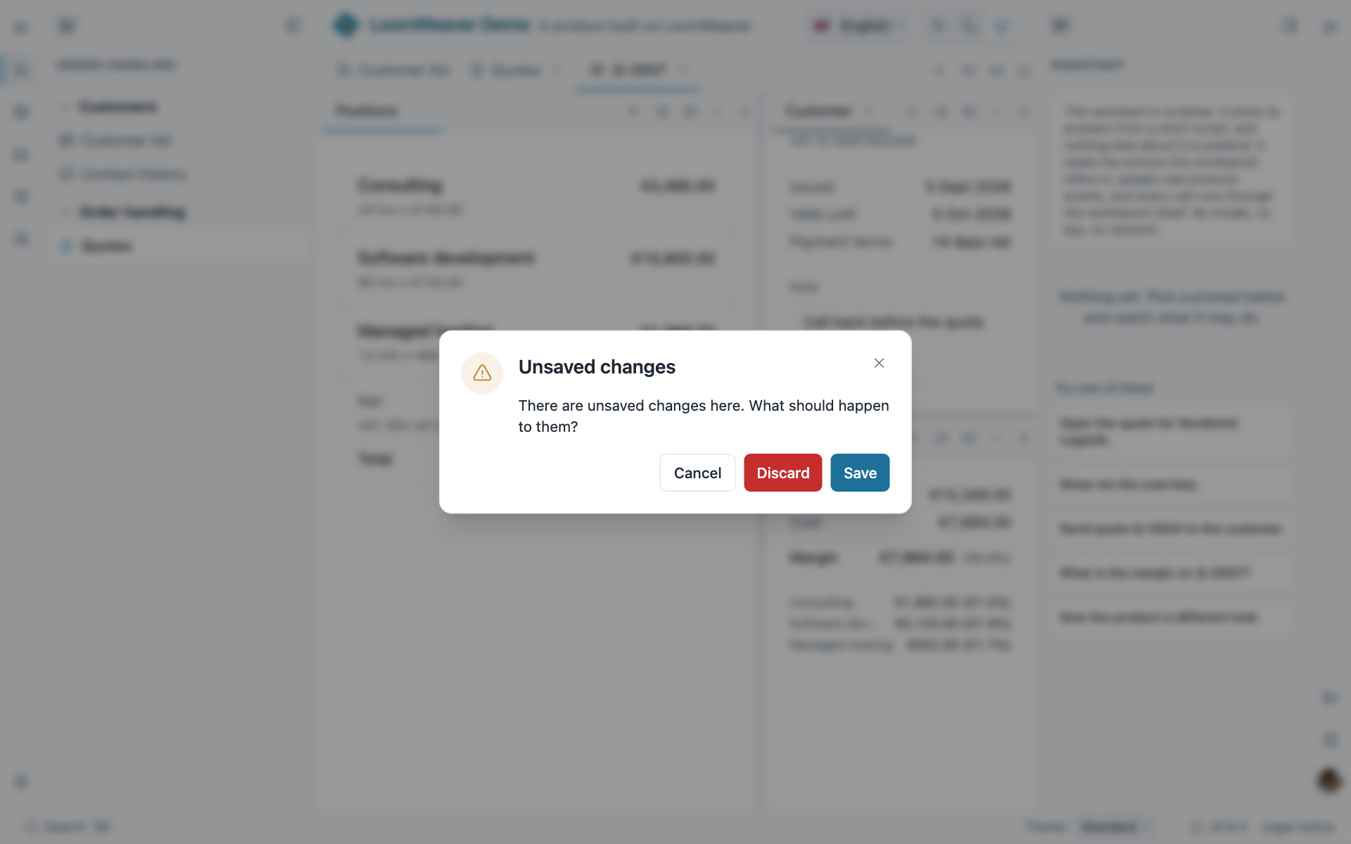 The unsaved-changes prompt over a quote document, asking what should happen to the unsaved changes, with Cancel, Discard and Save.