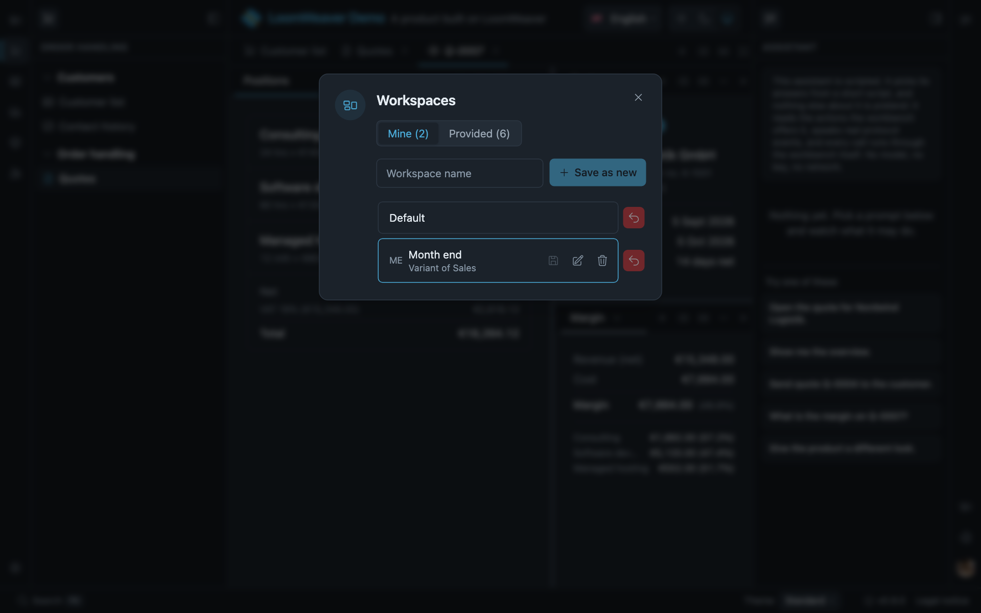 The Workspaces dialog on its Mine tab, showing the Default workspace and a saved one named Month end marked as a variant of Sales, with save, rename, delete and reset controls.