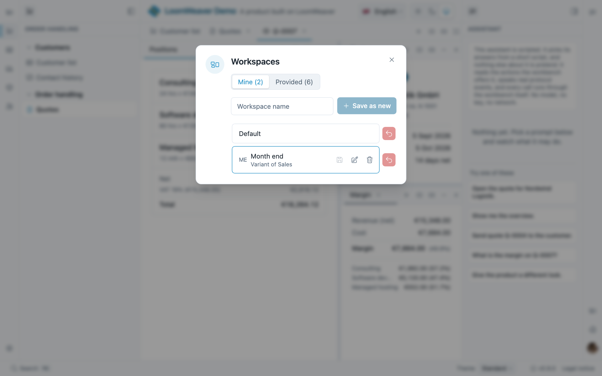 The Workspaces dialog on its Mine tab, showing the Default workspace and a saved one named Month end marked as a variant of Sales, with save, rename, delete and reset controls.